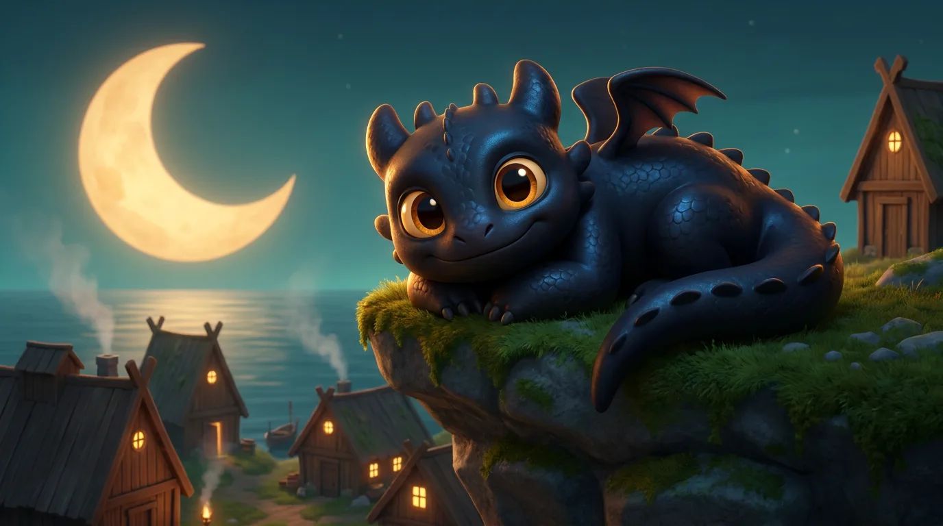 A plump friendly dragon with an ember-lit belly curled on a mossy cliff above a moonlit fishing village at dusk